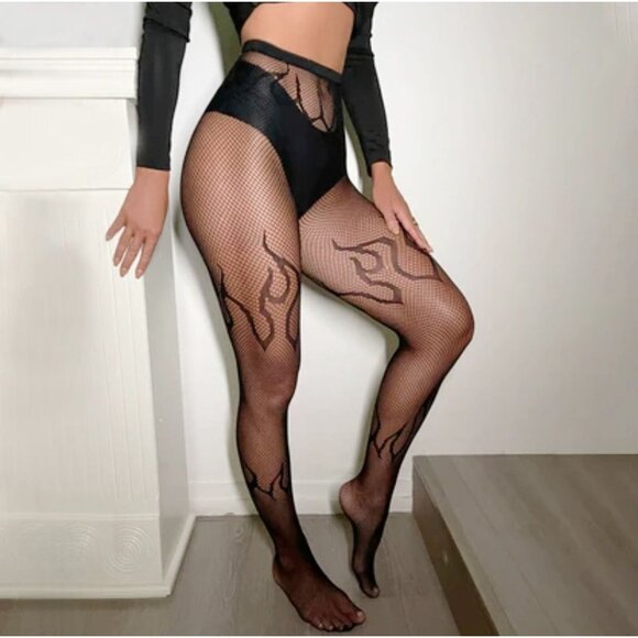 Leg Avenue Flame Net Tights OS Black Fishnet Stockings Flame Design - Picture 2 of 10